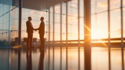 Executives discussing a business contract at sunrise, handshake and agreement, partnership and successful deal, clear and detailed
