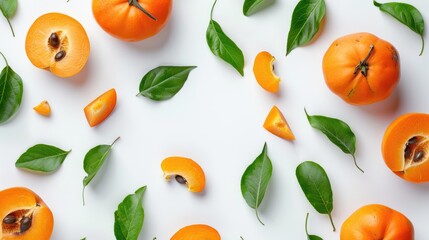 Persimmon slice with leaves on white background for text Overhead view Flat layout pattern