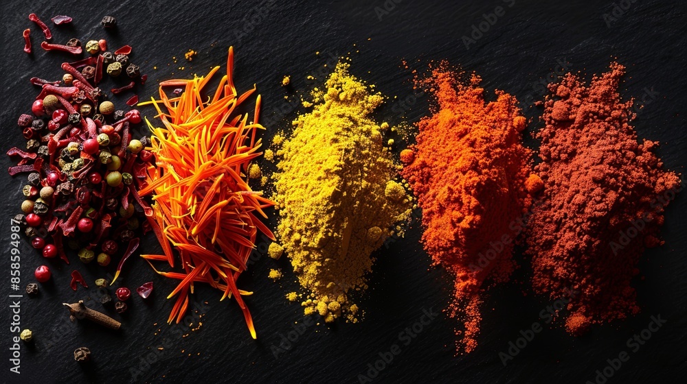Poster A close-up image showcasing an assortment of bright and exotic spices on a dark background. Generative AI