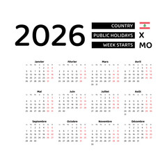 Calendar 2026 French language with Lebanon public holidays. Week starts from Monday. Graphic design vector illustration.