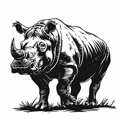 Obraz premium A black and white drawing of a rhinoceros standing in the grass