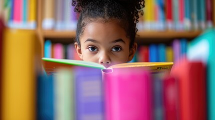 Close up of attractive child reading a book while looking at camera. Elementary student holding fairy tale novel book or bedtime stories surrounded by various book. Creative activity concept. AIG42. © InfiniteFlow