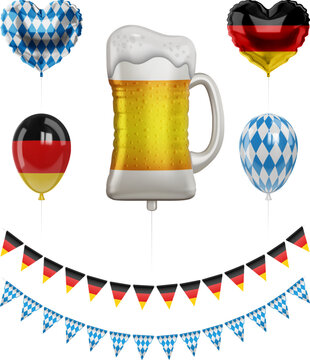 oktoberfest party balloons and pennants. german beer festival party elements. iaolated helium balloons with bavarian and german flag colors and beer mug shaped balloon