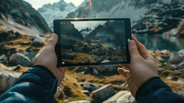 Concept of travel photography using DSLR and tablet