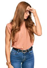 Young hispanic woman wearing casual clothes and glasses tired rubbing nose and eyes feeling fatigue and headache. stress and frustration concept.