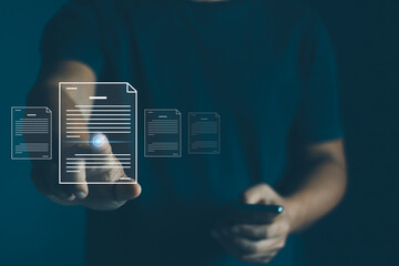 Business people are signing e-document contract on digital tablet virtual screen. Online contract sign with application, E-signing, electronic signature, document management system, paperless office.
