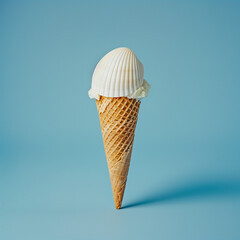 ice cream cone with seashells on blue background, flat lay.Minimal creative food concept.
