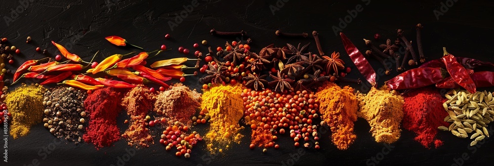 Poster close-up of a variety of vibrant spices arranged on a black background. generative ai