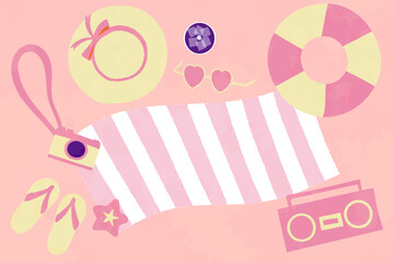 ピンク　可愛いビーチの持ち物イラストセット