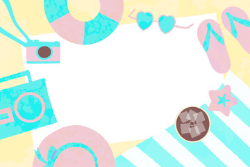 レトロ可愛いビーチのイラストとフレーム　黄色　ピンク