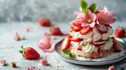 Close up of strawberry magnolia dessert on light background with copy space for text