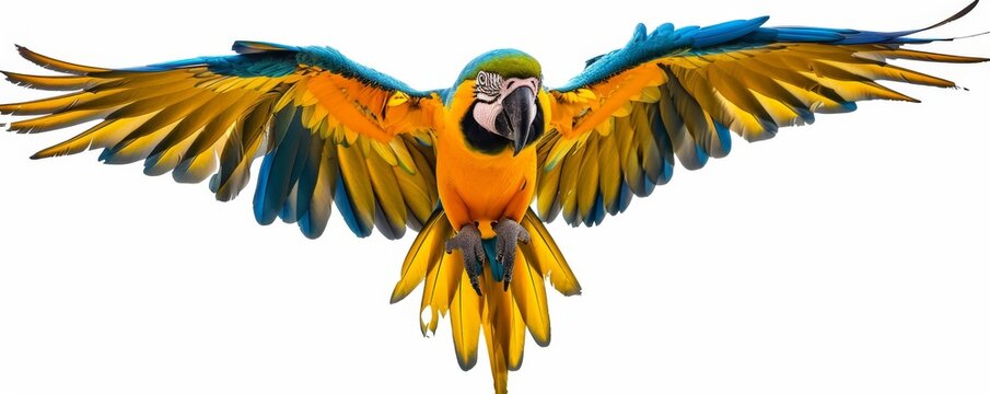 Blue and yellow macaw parrot in mid-flight with white background, vibrant nature and wildlife concept