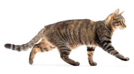 Tabby striped crossbreed cat isolated on white facing the opposite direction