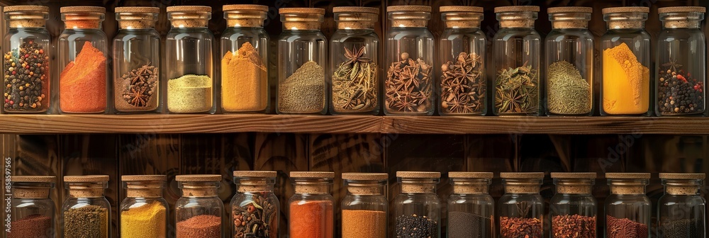Poster a collection of glass jars filled with various spices, neatly arranged on a wooden shelf. generative