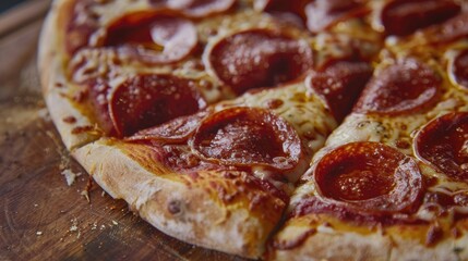 Close up pizza on wood surface