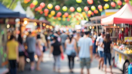 Defocused view of a busy food truck festival with people milling around.