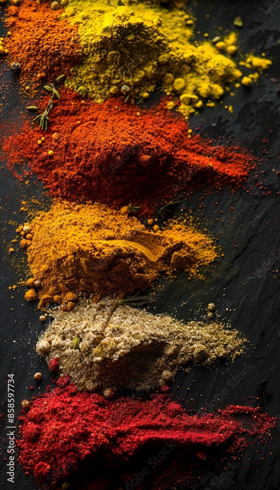 Poster A variety of spices arranged on a black surface. The bright colors and textures of the spices are highlighted against the dark background. Generative AI