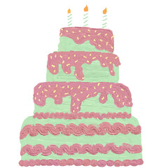 Four-Tier Spatula-Painted Birthday Cake with Pink Frosting and Three Candles