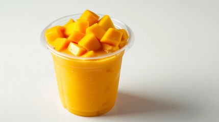 Fresh mango smoothie with mango chunks in a clear plastic cup on a white background. Refreshing summer drink concept