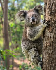 Fototapeta premium Koala Clinging To A Tree Trunk In Daylight