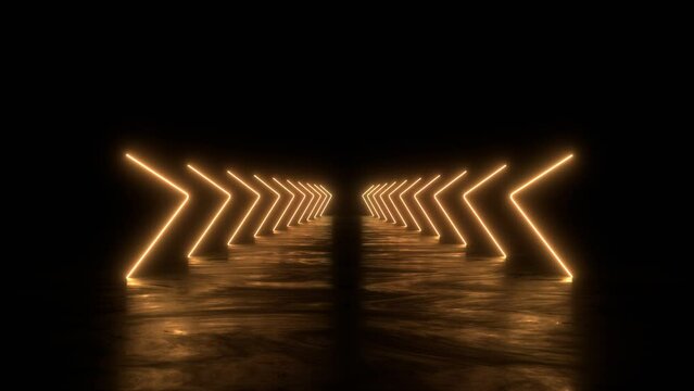 3d animation abstract arrow glowing light line neon colorful background. Blue pink yellow green neon counter arrows approaching, linear graphics leading to the center. 3d illustration render 4k video