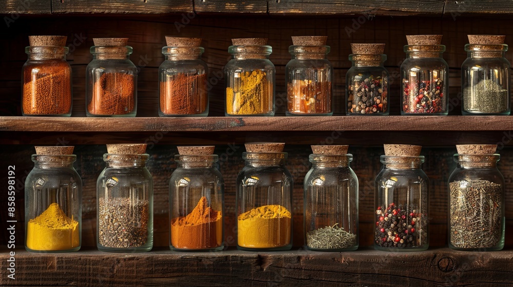 Poster A close-up of a wooden shelf with neatly arranged glass jars filled with various spices. Generative AI