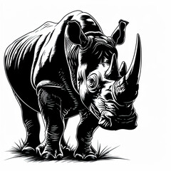 Fototapeta premium A black and white drawing of a rhinoceros standing in the grass
