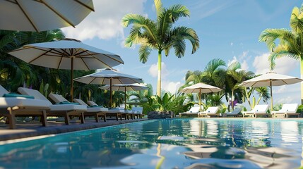 Relaxation Haven: Tropical Poolside with Lounge Chairs and Umbrellas