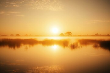 A tranquil landscape featuring mist rising from a calm river at sunrise. The scene is bathed in a warm golden hue, with trees and tall grasses reflected in the still water, creating a serene