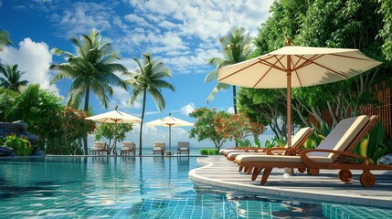 Tropical Poolside Comfort: Lounge Chairs and Umbrellas