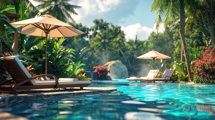 Tranquil Tropical Poolside with Comfortable Lounge Chairs and Umbrellas