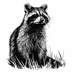 Obraz premium A black and white drawing of a raccoon in the grass