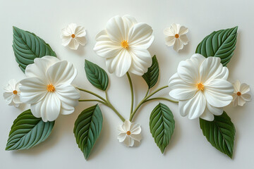 Obraz premium Beautiful Handmade Floral Art with White Flowers and Green Leaves, Perfect Wall Decoration for Home, Office or Gift Exquisite Craftsmanship and Elegant Design for Nature Lovers