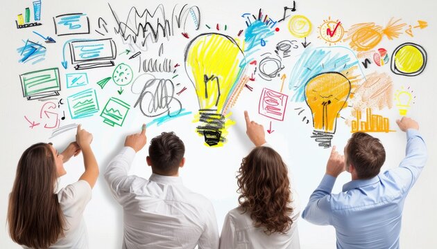 Boosting Sales Performance: Creative Brainstorming Session of Sales Team with Whiteboard Filled with Innovative Ideas