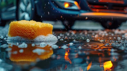 Cleaning items on dirty surface Sponge cleaning car with product on background
