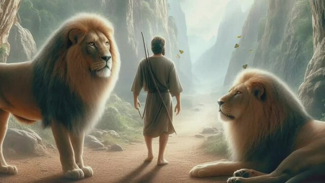 daniel with 2 lions in the cave