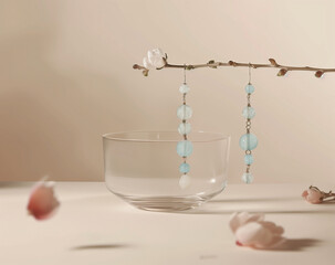 A minimalist earring product display photo featuring  earrings with blue and white beads hanging on the same green stem, displayed in an empty glass bowl.