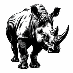 A black and white drawing of a rhinoceros on a white background