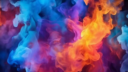 A vibrant display of colorful smoke swirls in abstract patterns. The mix of purples, blues, reds, and oranges create a dynamic gradient effect. The image is visually stimulating and artistic.