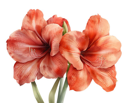 Vibrant red amaryllis flowers in full bloom with intricate details isolated on transparent and white background.