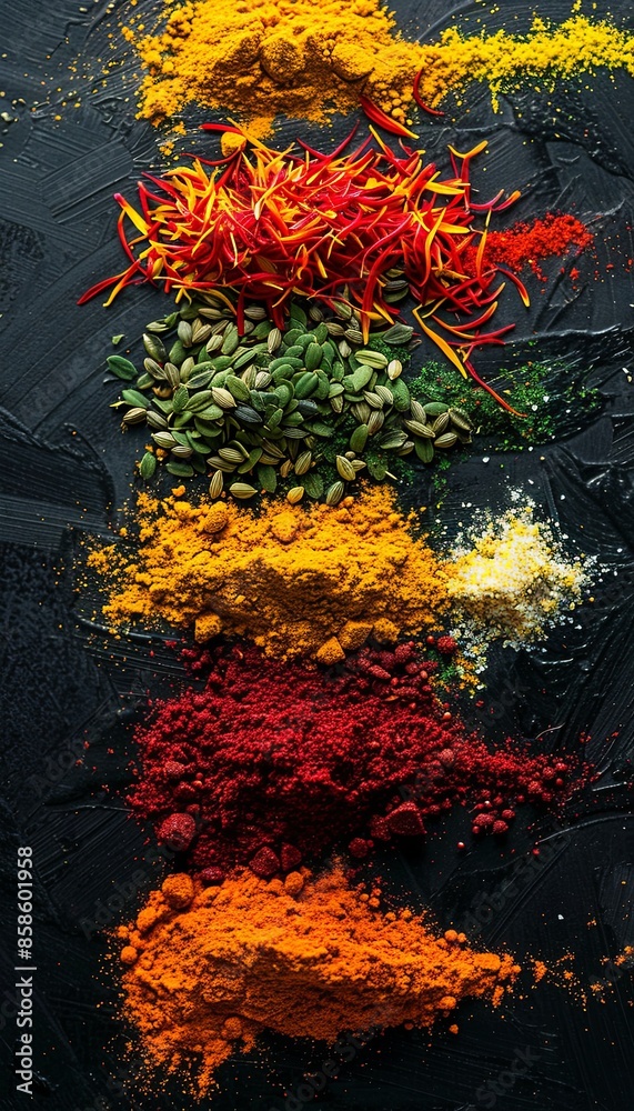 Aufkleber a close-up image showcasing a colorful array of spices, including saffron, curry powder, and annatto