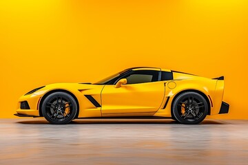 Sleek Yellow Sports Car on Display. A vibrant yellow sports car against a matching yellow background, showcasing modern design and luxury