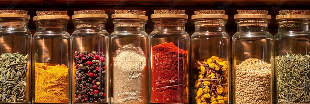 Poster glass jars of paprika, turmeric, cumin, and oregano neatly displayed on a wooden shelf with cork lid