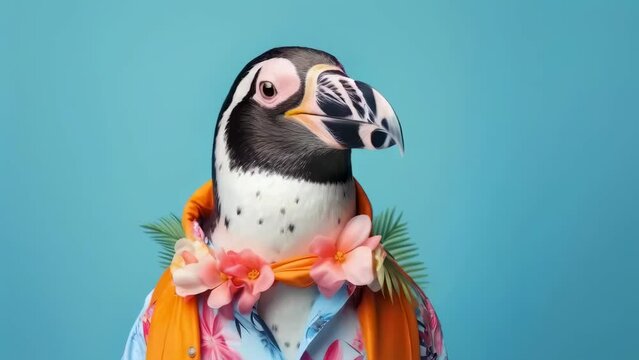 A penguin is dressed in a colorful Hawaiian shirt and an orange lei, set against a blue background. The outfit features floral patterns with a playful mood, suggesting a tropical theme.