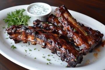 Grilled seasoned pork ribs and sauce on white plate. Juicy roasted barbecue meat. Traditional dinner meal