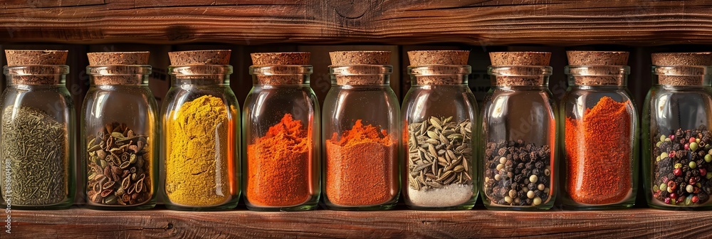Poster a close-up shot of glass jars filled with various spices, neatly arranged on a wooden shelf. the jar