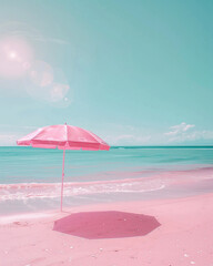 a hot pink beach umbrella sitting on a pastel pink beach with pastel hues