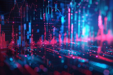 Obraz premium blue and red fractal pattern background with graphs of financial data, in the style of nightscapes