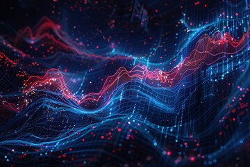 blue and red fractal pattern background with graphs of financial data, in the style of nightscapes