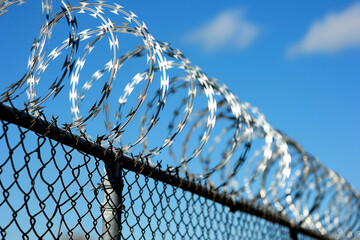 this photo shows several razor wire fences, in the style of light sky-blue and black